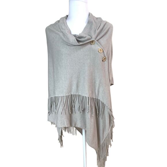 Repeat Size 38/S Fringe Wrap Poncho Sweater Taupe Gray Beige Button Front Cowl - Picture 1 of 10